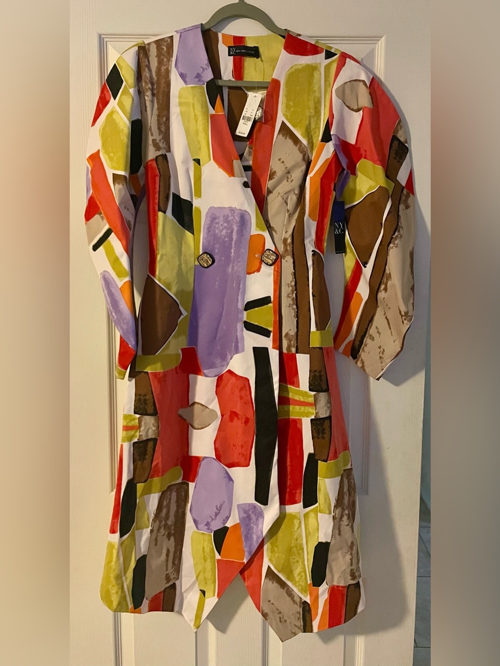 New York & Company Multi-Color Abstract Print Trench Coat